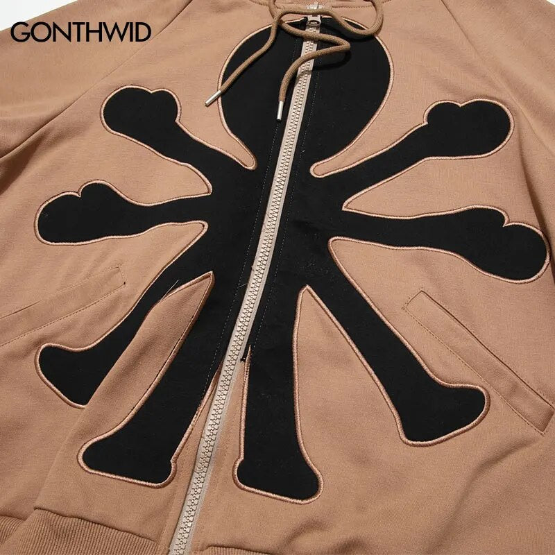 Mens Harajuku Embroidery Patch Zipper Hooded Sweatshirt