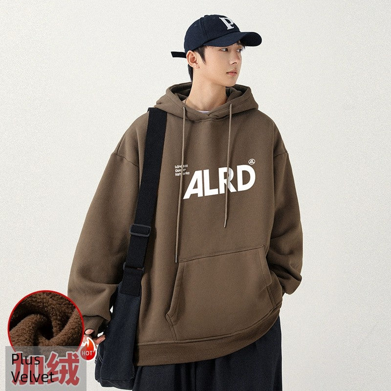 Mens Velvet Padded Hooded Sweatshirt New American Fashion Brand Thick Heavy Baggy Coat Top Clothes