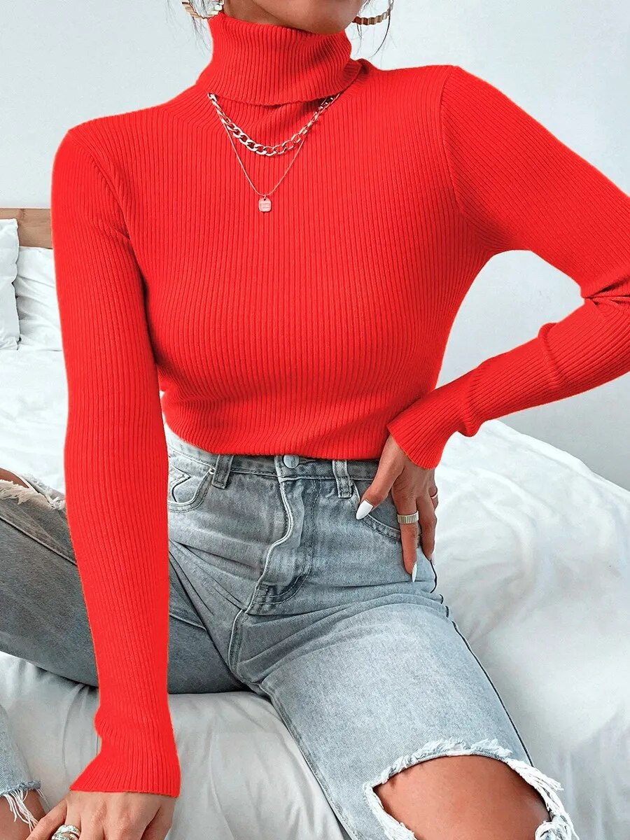 Womens Knitted Solid Turtleneck Casual Rib Jumper Tops