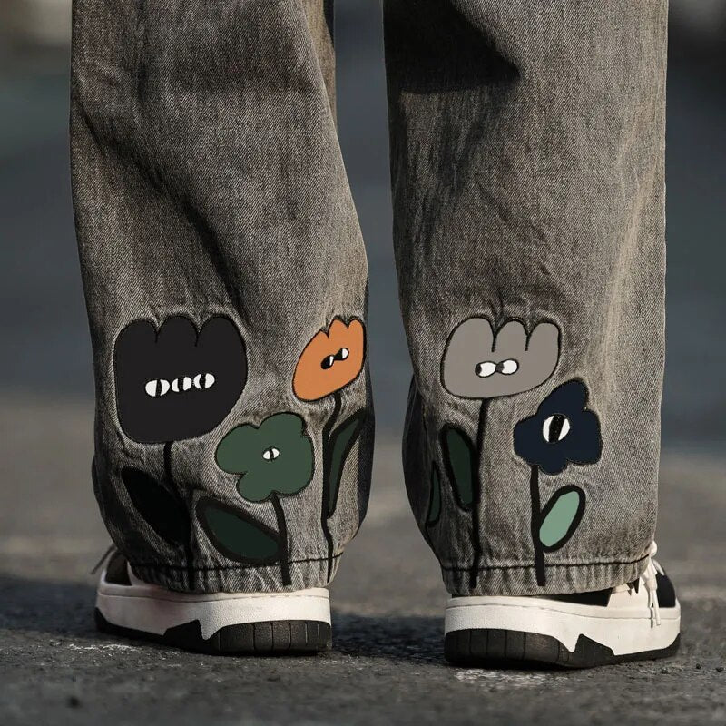 Men's Y2K Flower Printed Baggy Jeans Casual Denim