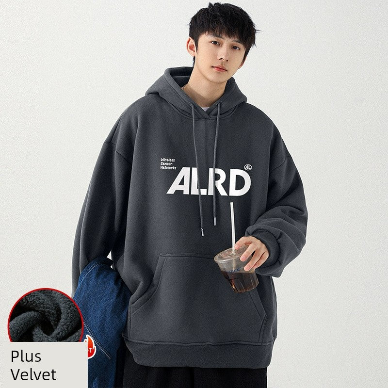 Mens Velvet Padded Hooded Sweatshirt New American Fashion Brand Thick Heavy Baggy Coat Top Clothes