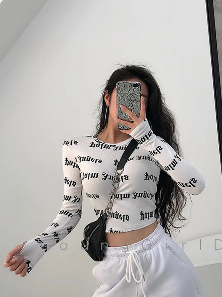 Womens Y2k Print O-Neck Crop Top Bodycon Long Sleeve T Shirt