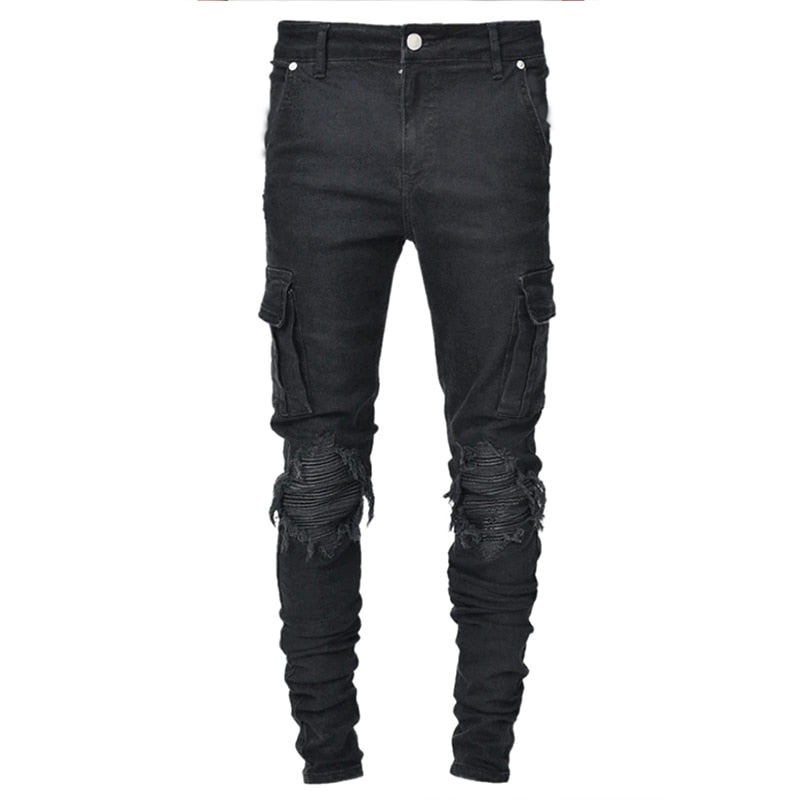 Men Wash Solid Color Mid Waist Cargo Jeans