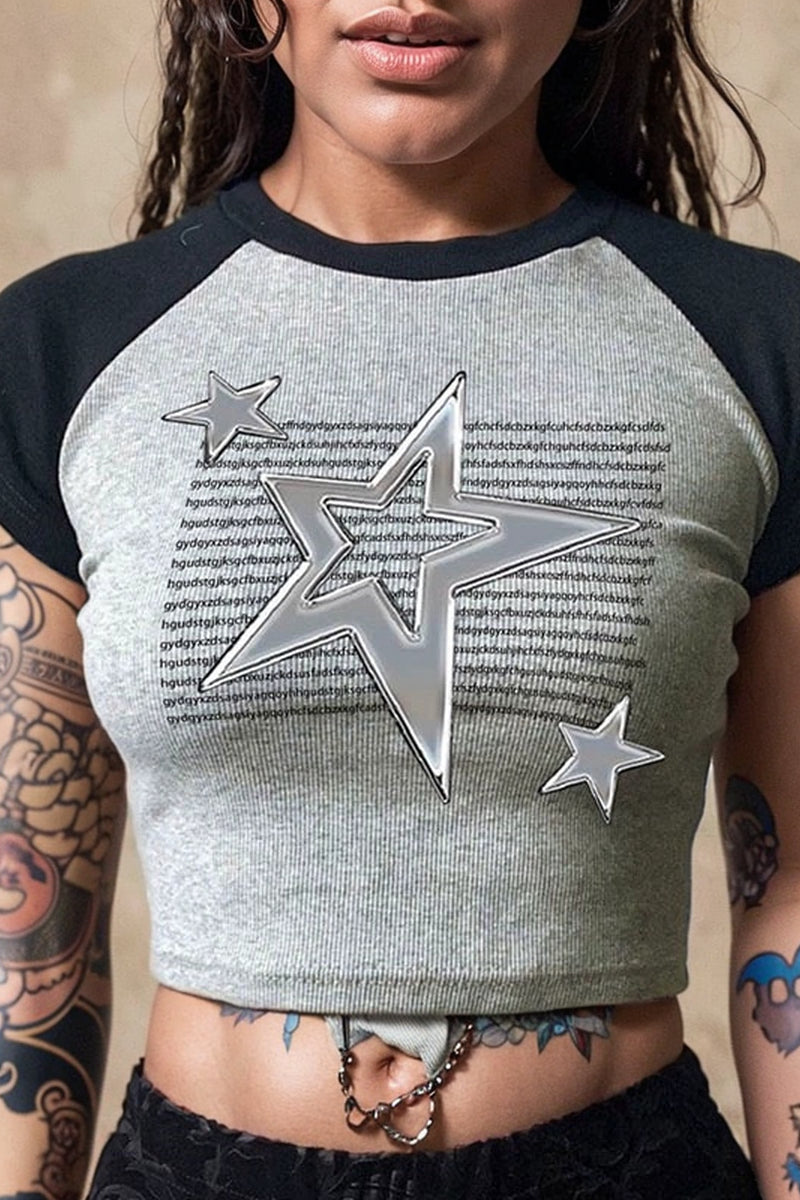 Womens European and American Light Punk Liquid Metal XINGX Print Raglan Short Sleeve