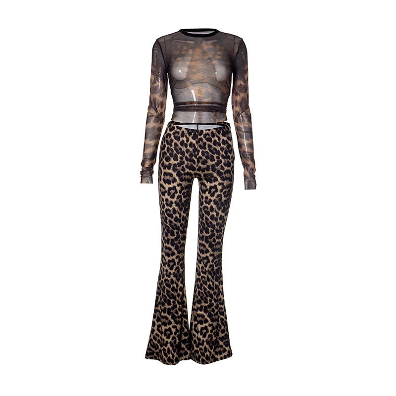 Woman's 2 Piece Sets Leopard Print Long Sleeve Crop Top Flare Leggings