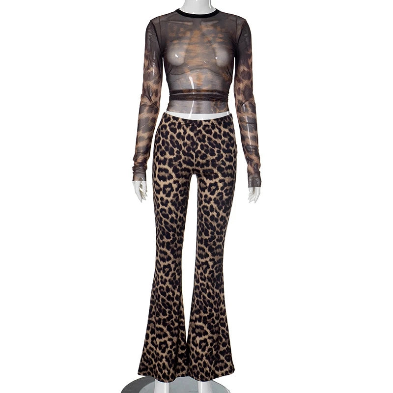 Woman's 2 Piece Sets Leopard Print Long Sleeve Crop Top Flare Leggings