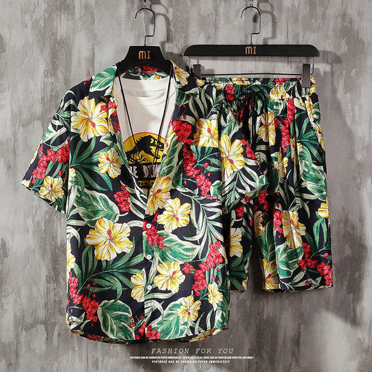 Men's 2 Pieces Set Hawaiian Shirts +Beach Shorts Mens Casual Streetwear