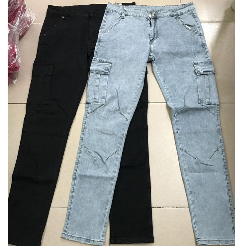 Men Wash Solid Color Mid Waist Cargo Jeans