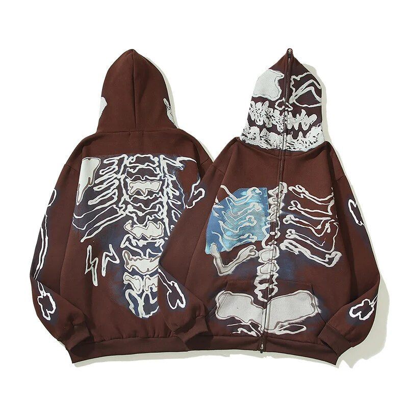 Mens Cactus Jack Frament Skull Print Zipper Retro Oversized Sweatsirts