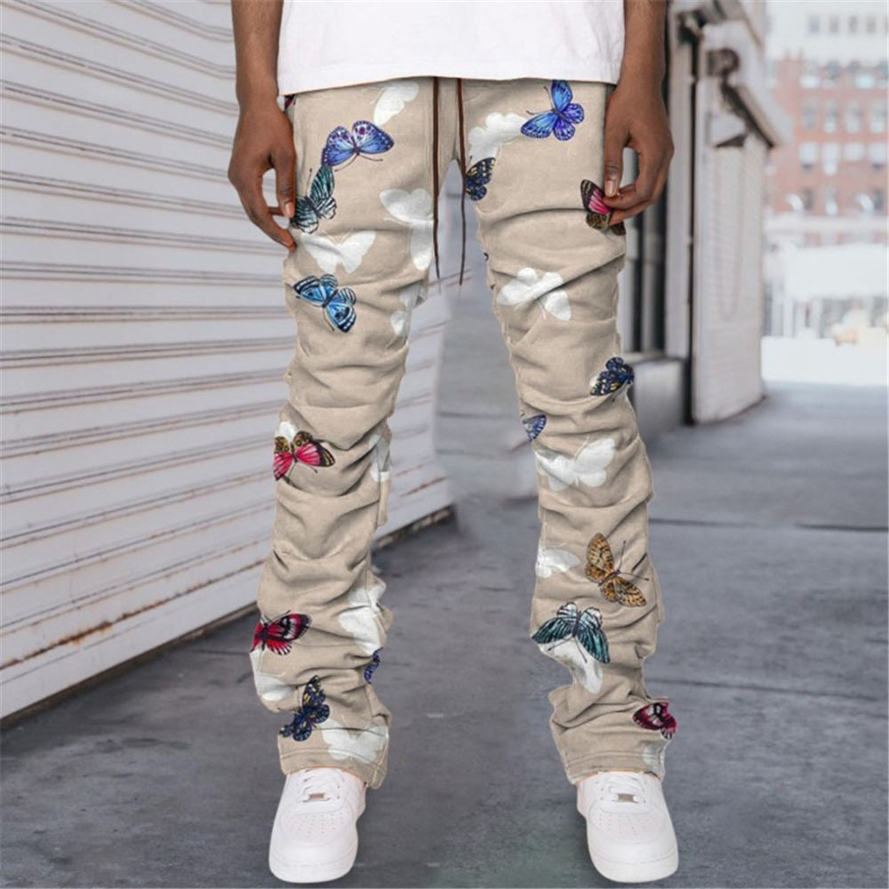 Unisex Khaki Cargo Pants Butterfly Print