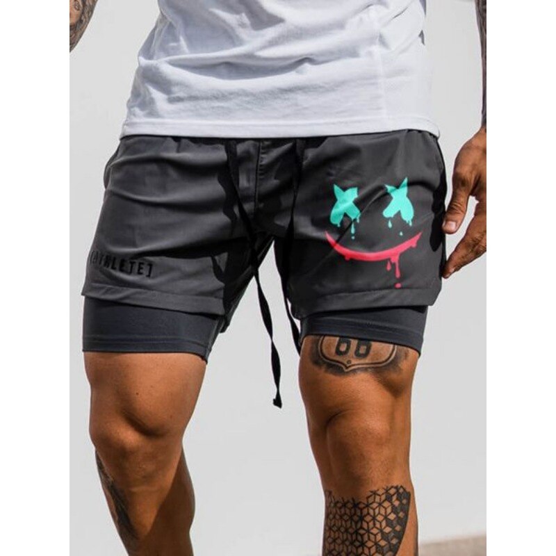 Mens European Smiling Face Printed Casual Sports Shorts