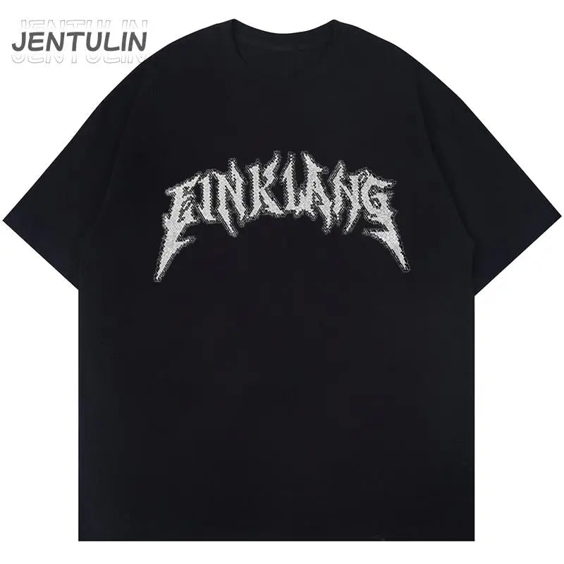 Mens FINKIANG Harajuku Y2K Gothic Aesthetic Letter Print Graphic Short Sleeve T Shirt