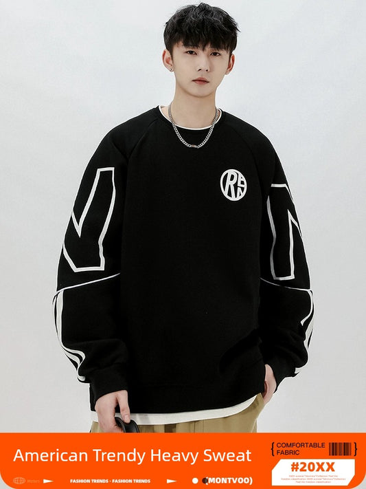 Mens Maityou Sweater Men's 2023 New Spring and Autumn Fashion Brand American round Neck Heavy Fleece-lined Youth Student Top