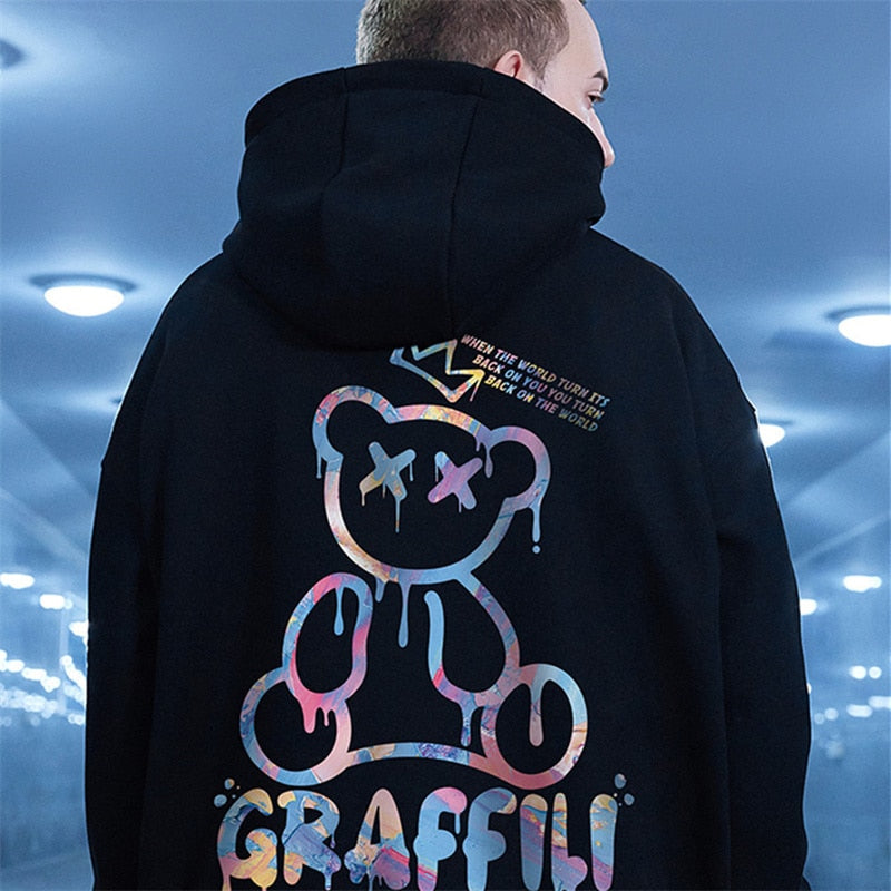 Graffiti Bear Print Men's Fleece Hoodie