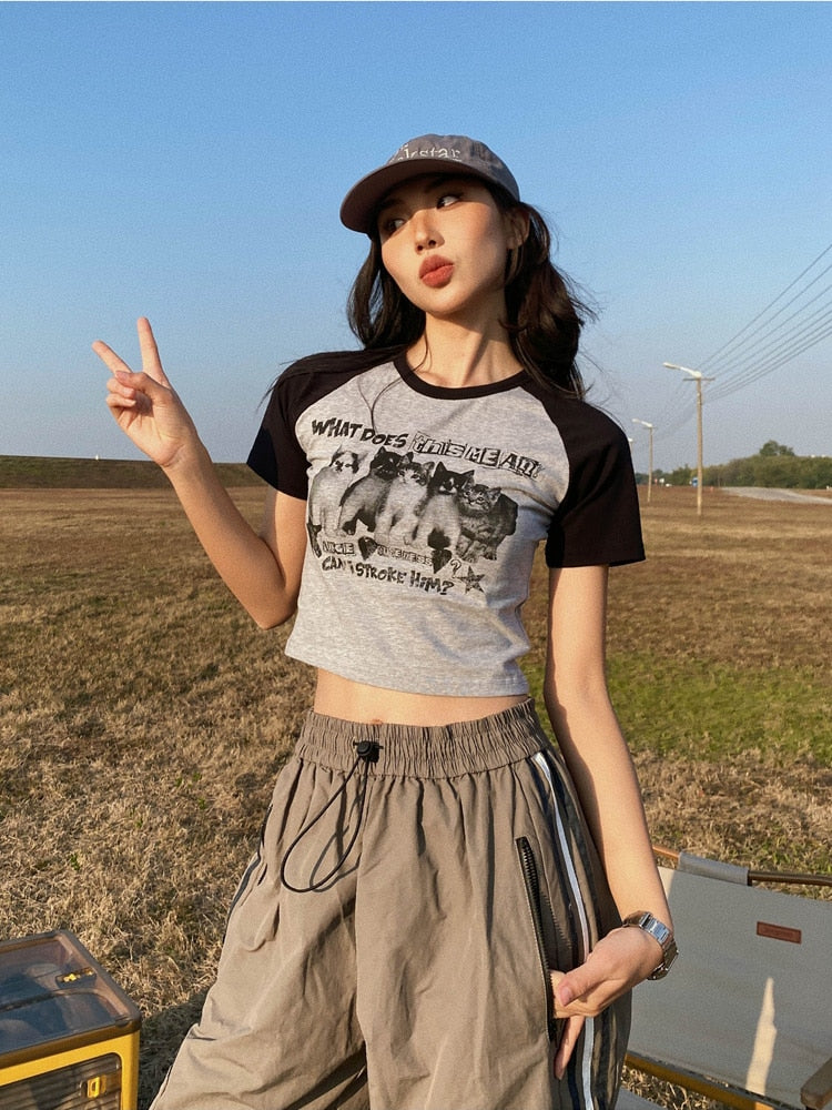 Y2k Crop Tops Tees Cat