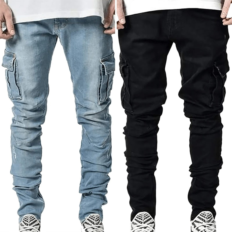 Men Wash Solid Color Mid Waist Cargo Jeans