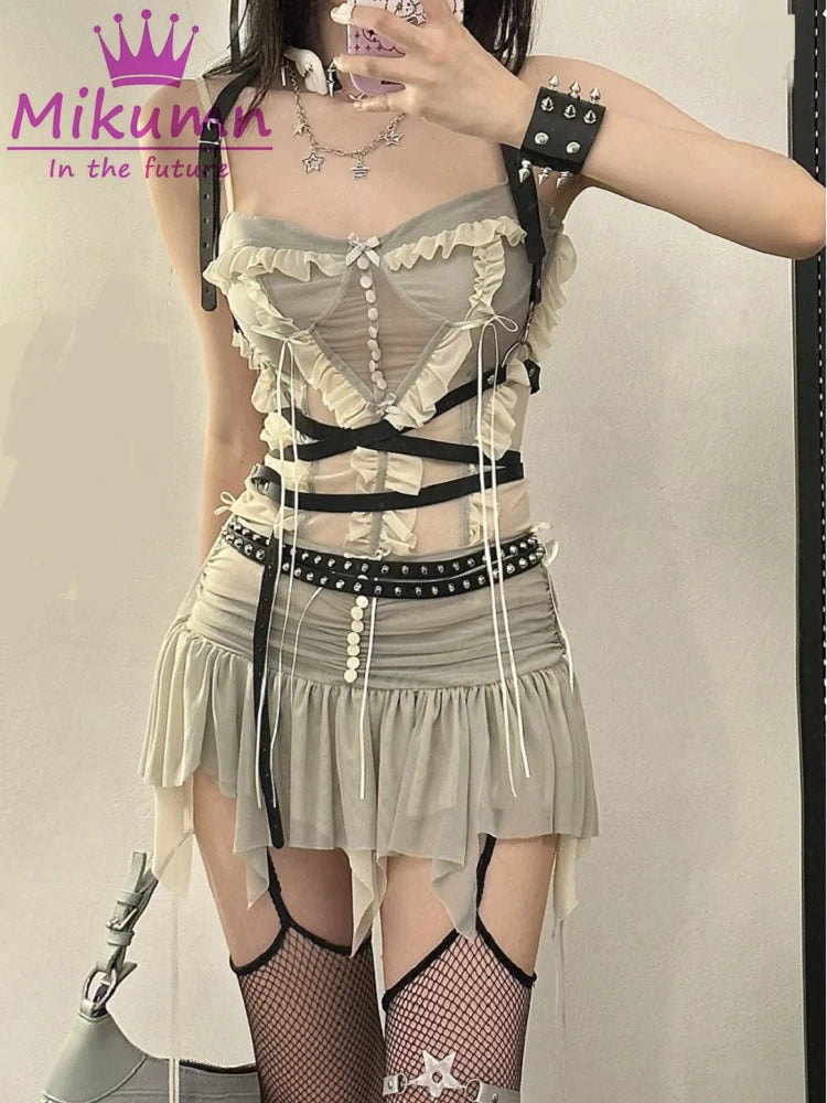 Womens Aesthetic Fairy Grunge Mesh Irregular Short Skirt Set