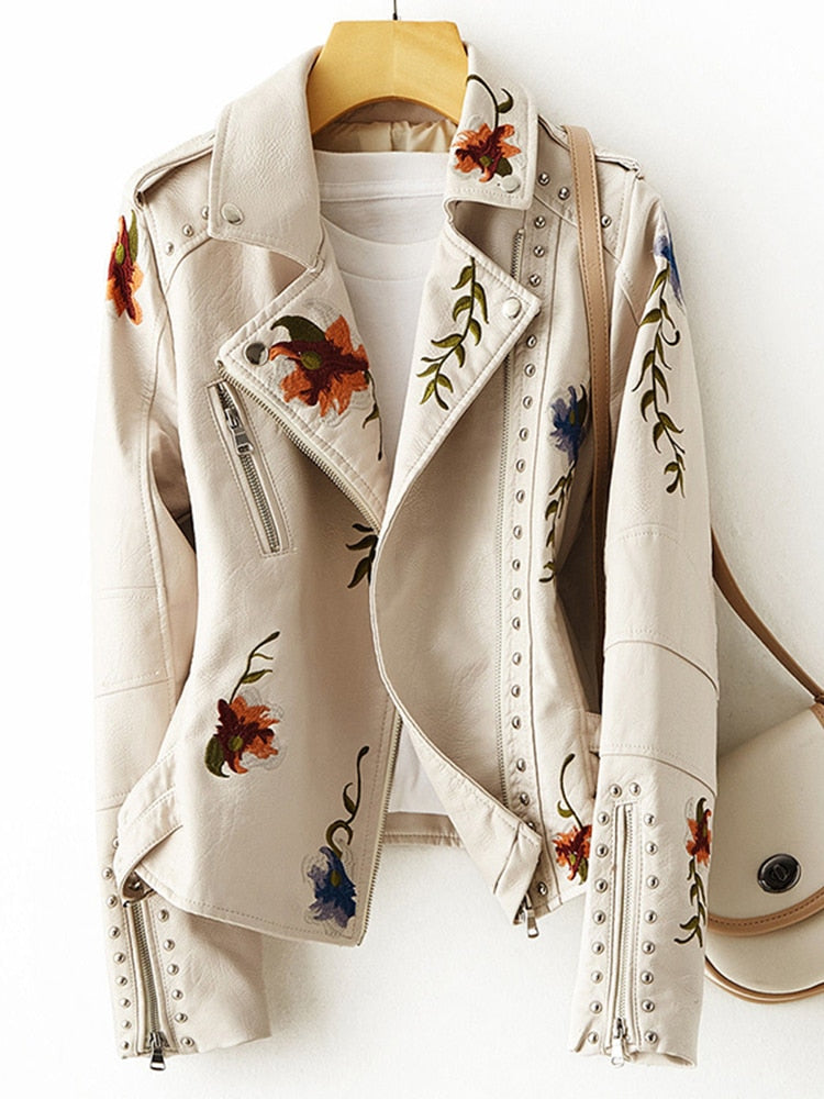 FTLZZ Retro Floral Print Leather Jacket