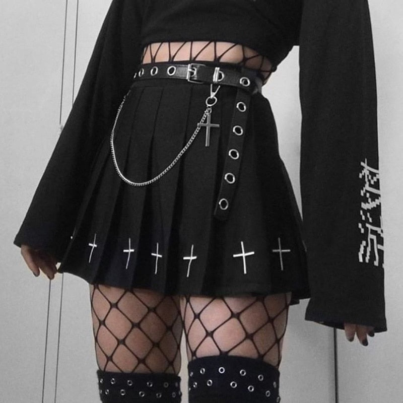 Womens Black High Waist Mini Skirts Punk Pleated Vintage Skirt