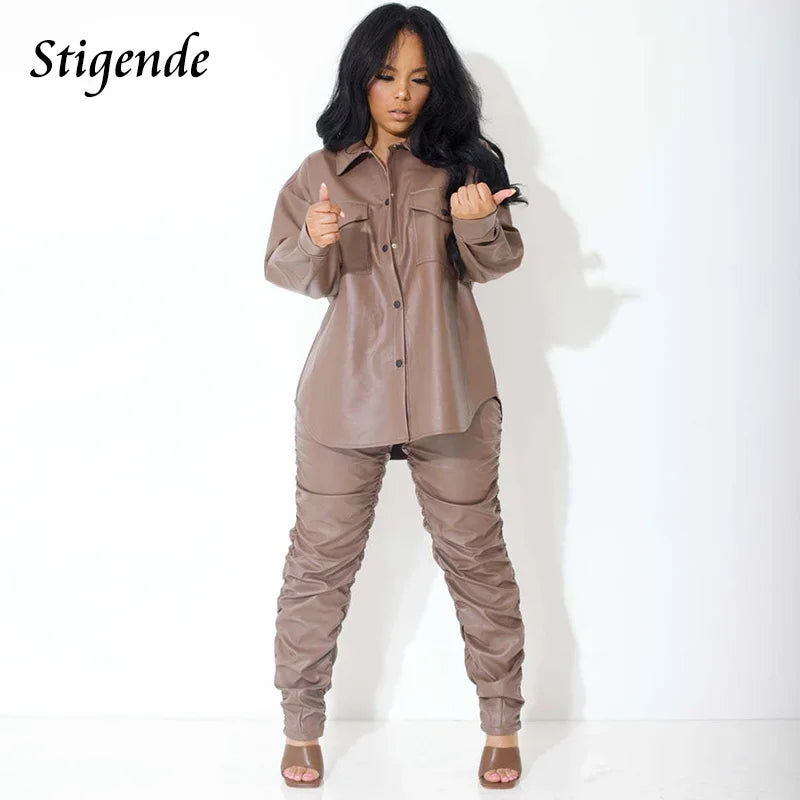 Womens Stigende Faux Leather Two Piece Set