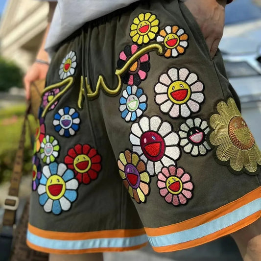 Mens Casual Sunflower Embroidered Elastic Waist Shorts