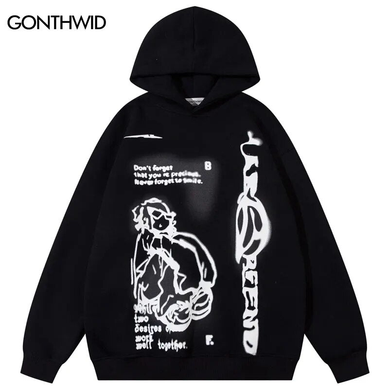 Mens Harajuku Hip Hop Cartoon Boy Graphic Print Hooded Sweatshirt