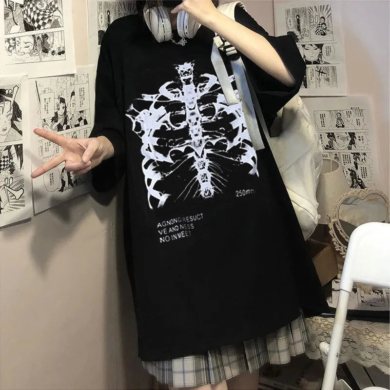 Men Skeleton Grunge Print Tshrits Y2k Harajuku Punk Hip Hop Goth Clothes