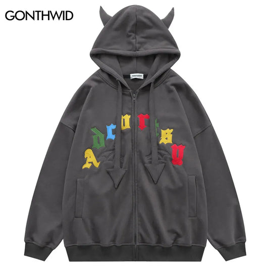 Mens Hip Hop Devil Horns Harajuku Embroidery Letter Zipper Hooded Jackets