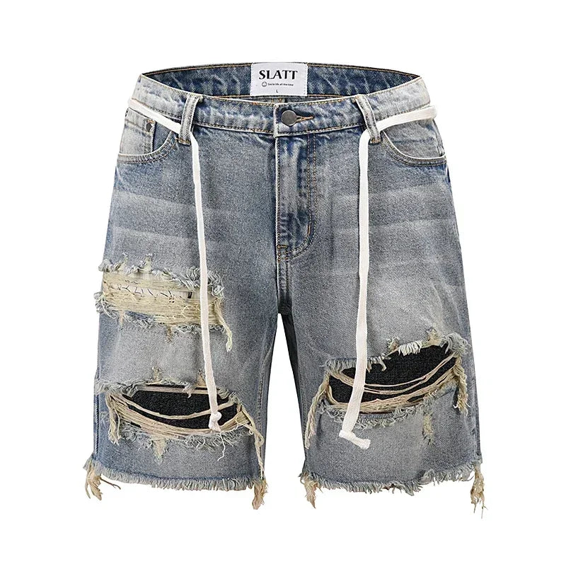 Mens High Street Big Hole Versatile Loose Denim Shorts