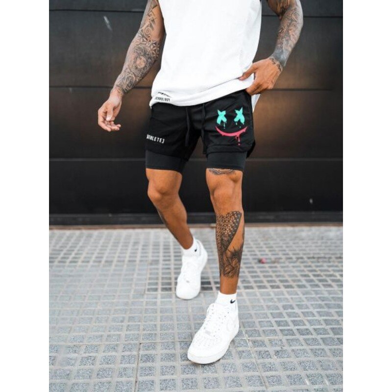 Mens European Smiling Face Printed Casual Sports Shorts