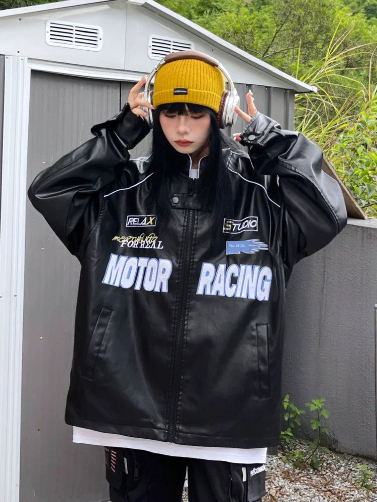 Womens Locomotive Leather Coat Black Stand Collar Loose Embroidery