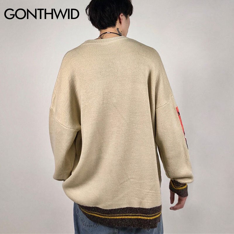 Mens Knitted Streetwear Hip Hop Embrodiery Letter Sweater