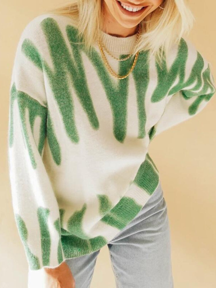 Elegant Green Striped Oversized Sweater