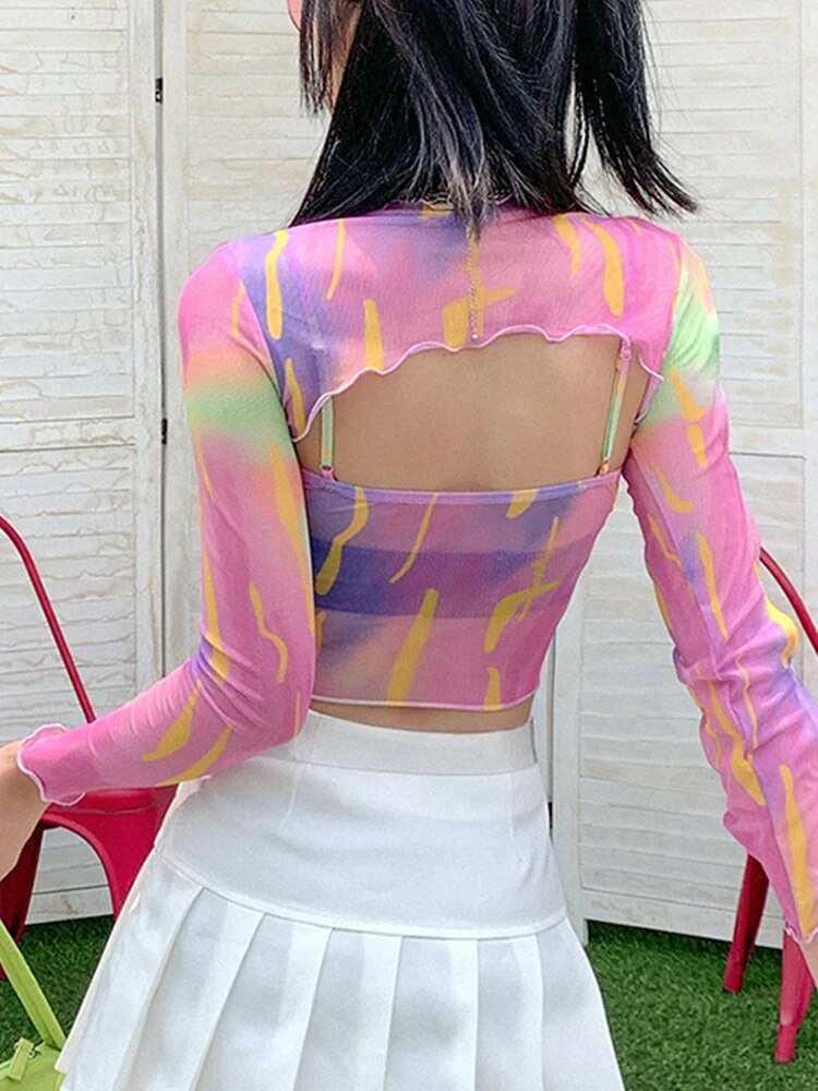 Womens Tie Dye Long Sleeve Bandadge Crop Top T-shirt