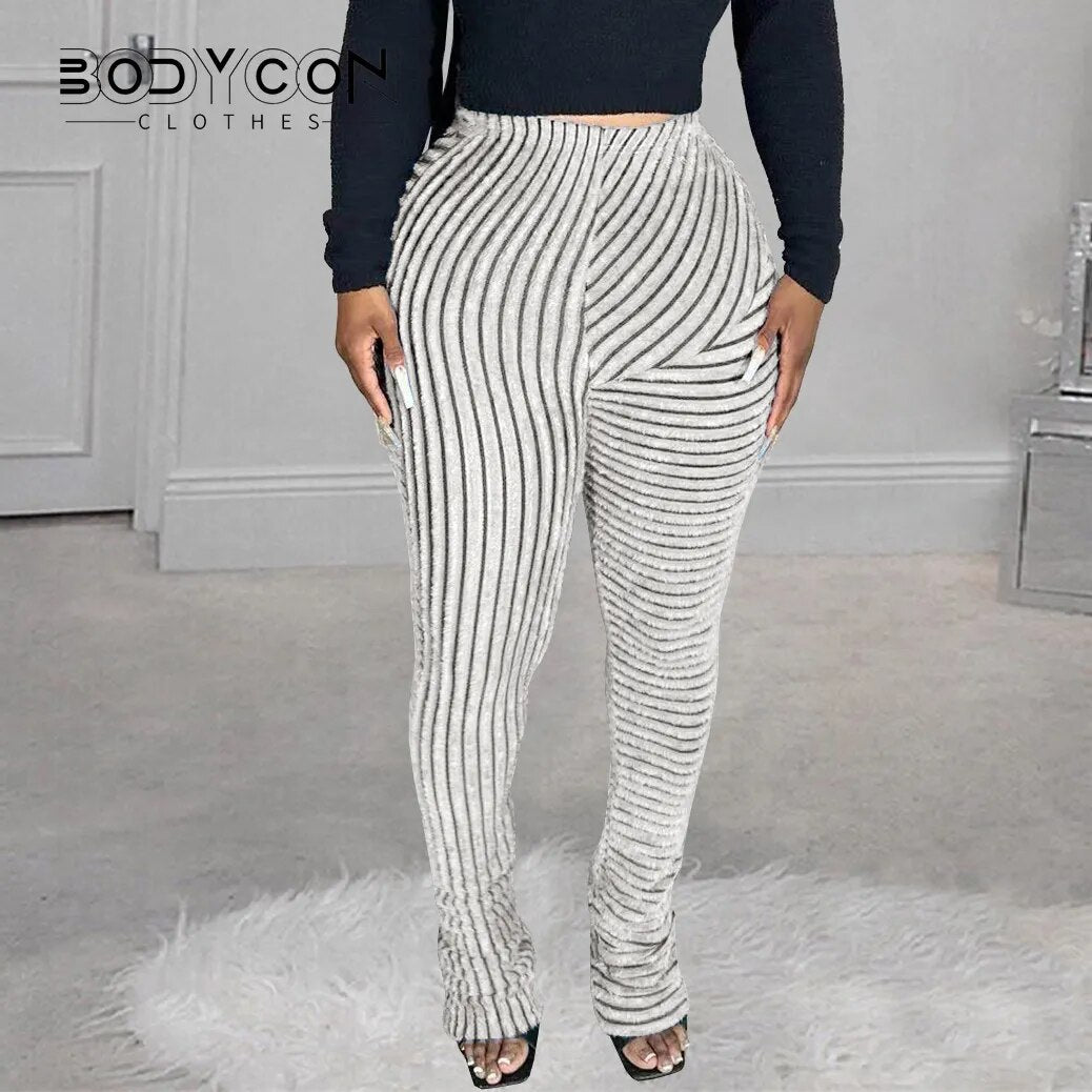 Women's Bodycon Striped Fluffy Stacked Pants High Waist Trend