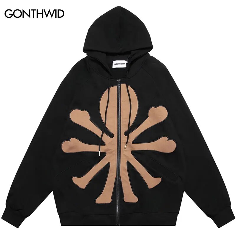 Mens Harajuku Embroidery Patch Zipper Hooded Sweatshirt