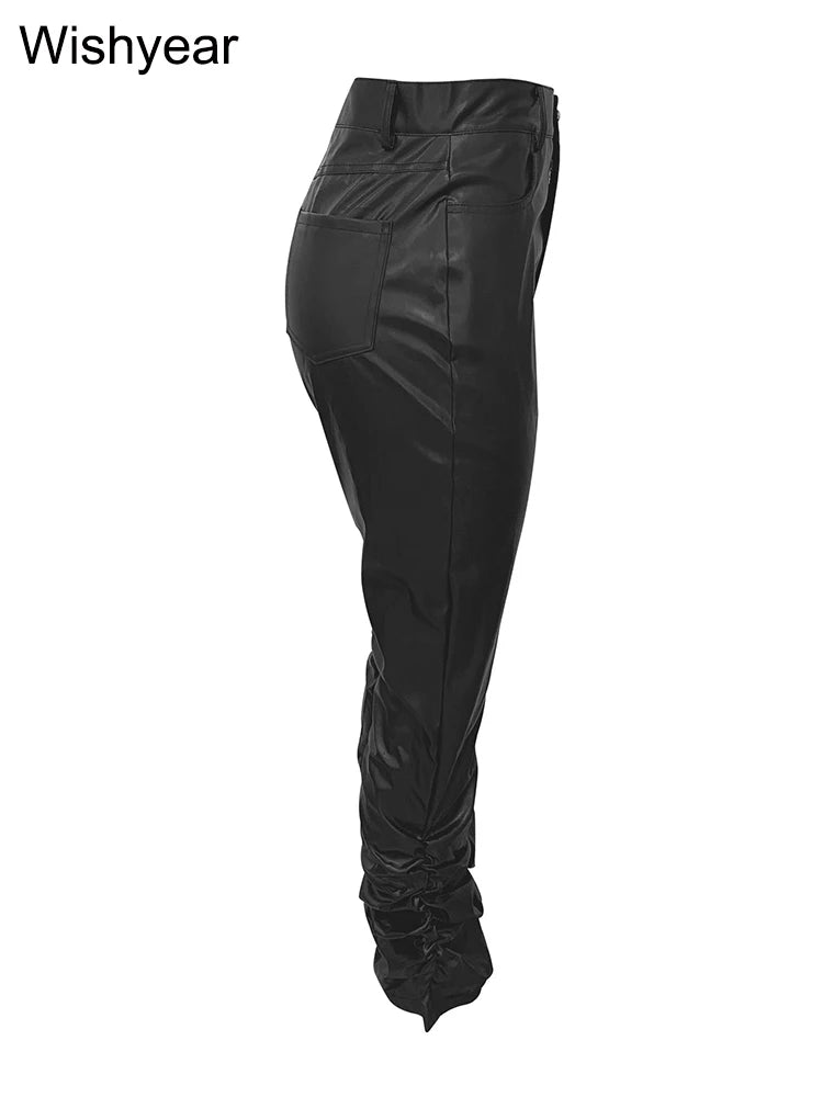 Women Faux Leather Moto Biker Stacked Pants