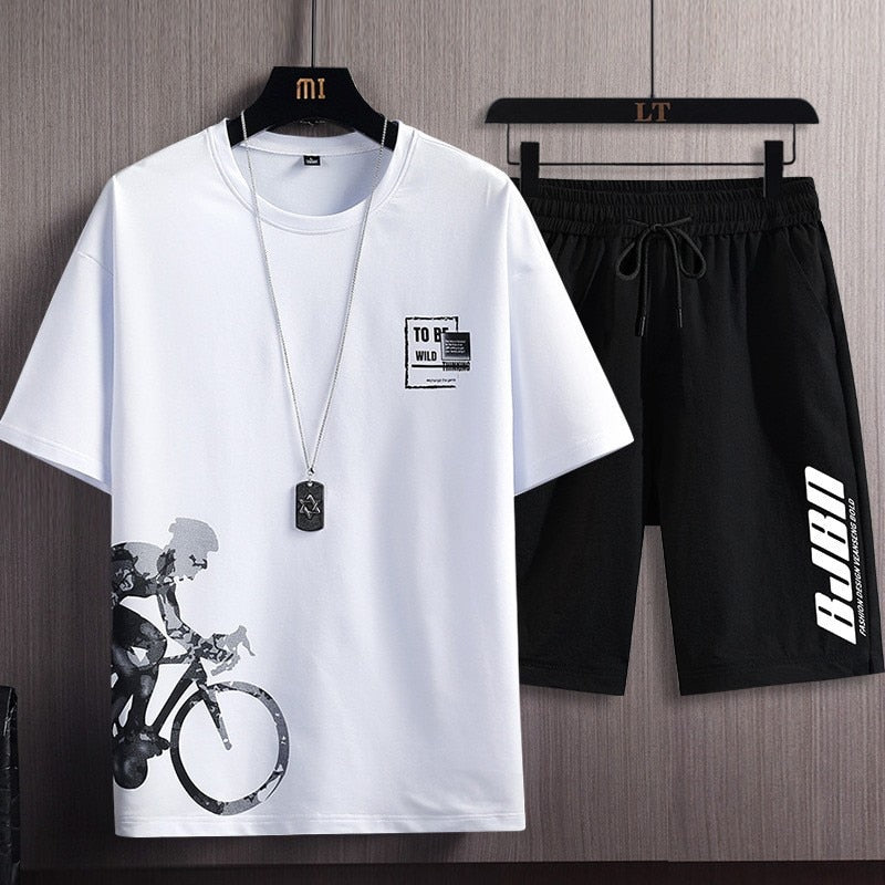 2023 Summer New Men's Classic Fashion Short Sleeve T-shirt Suit Men's Casual Loose Comfortable High-Quality Two-Piece Set M-5XL