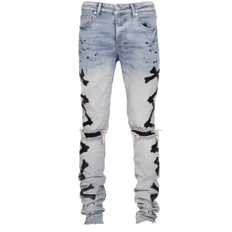 Men Stretch Slim Printed Bones Skinny Pants