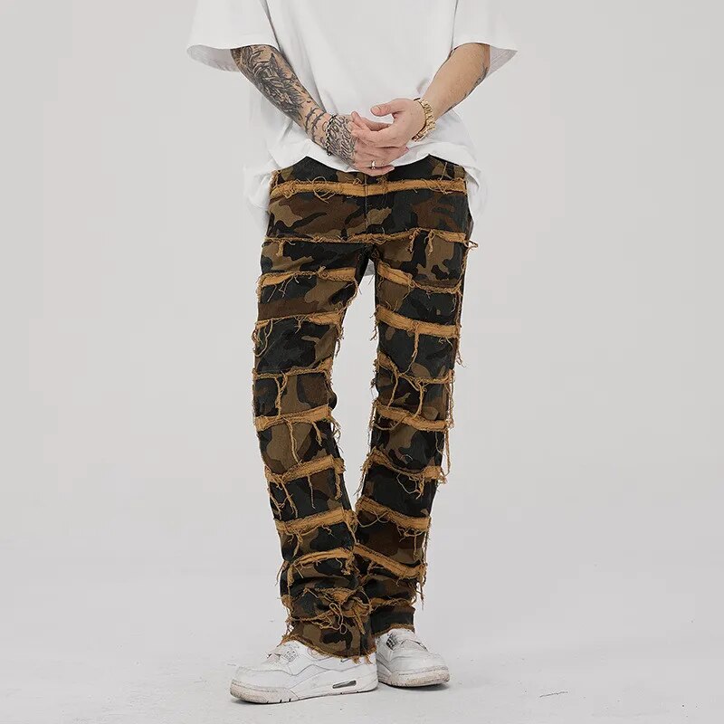 Mens Punk Stacked White Straight Y2K Grunge Jeans