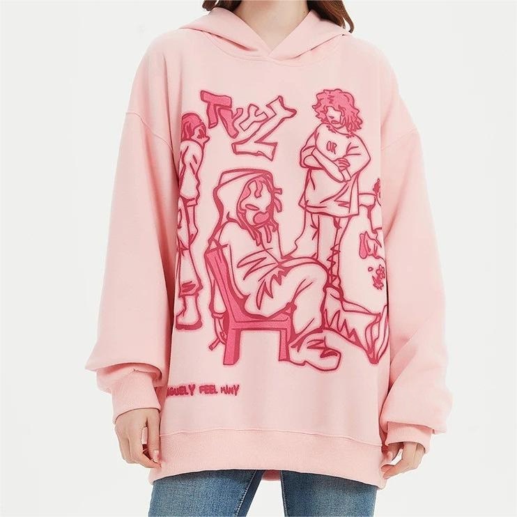 Womens Pink & Black Funny Cartoon Graphic Hoodie