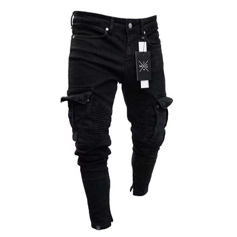 Men Wash Solid Color Mid Waist Cargo Jeans