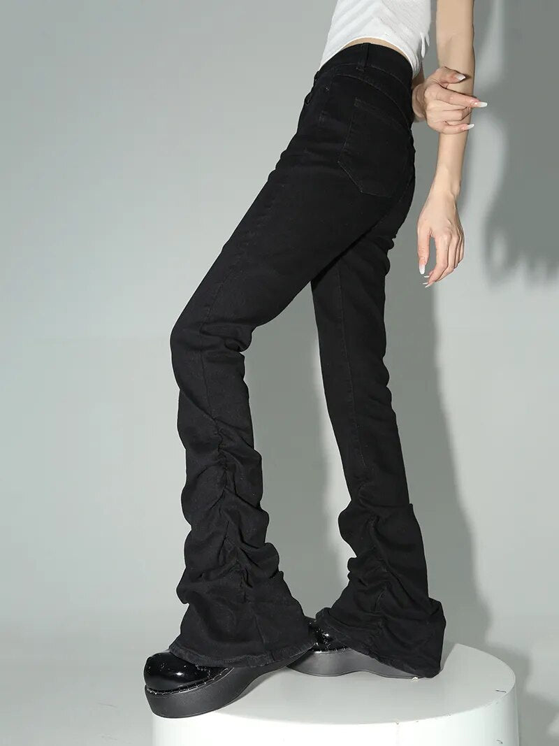 Womens REDDACHiC Black Ruched Flare Jeans Women Y2k High-elastic Bootcut Stacked Pants