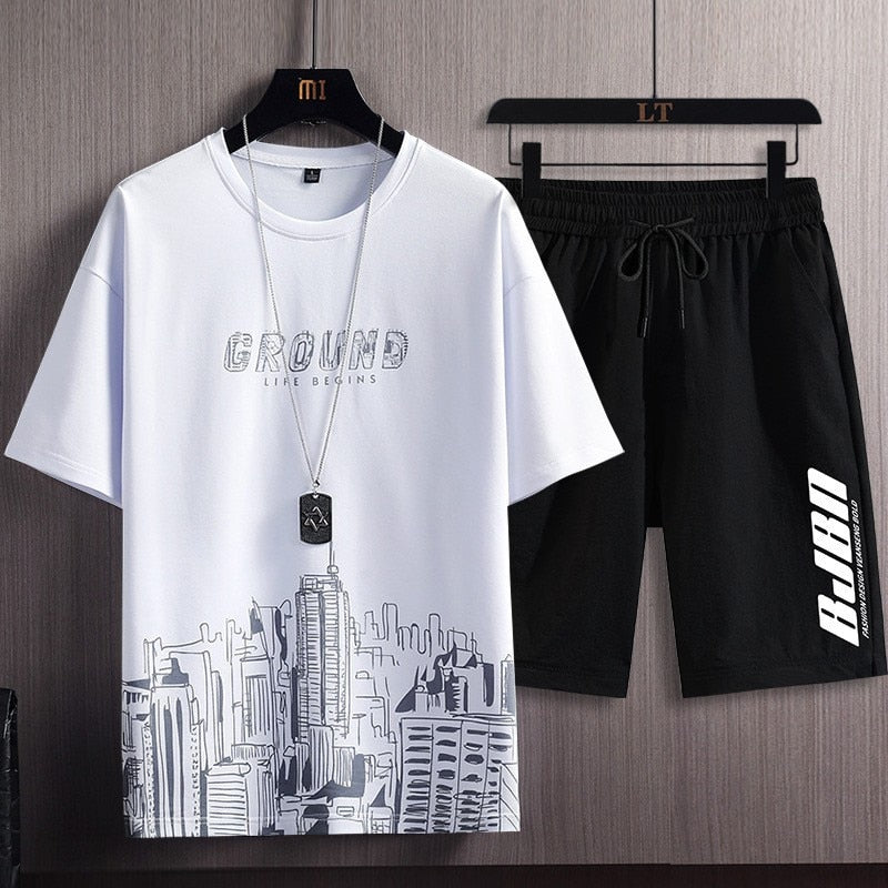 2023 Summer New Men's Classic Fashion Short Sleeve T-shirt Suit Men's Casual Loose Comfortable High-Quality Two-Piece Set M-5XL