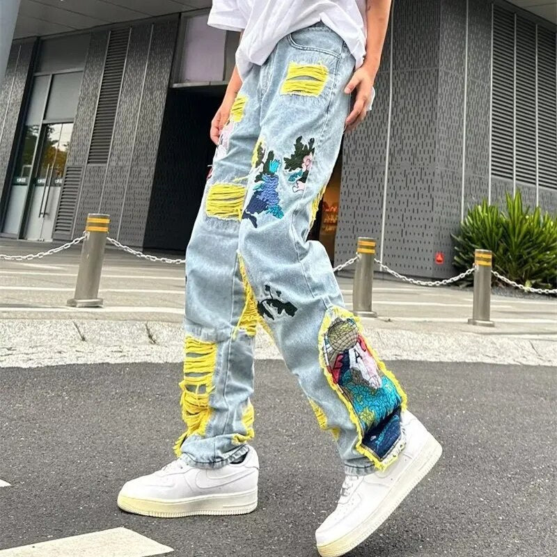 Men  Ropa Grunge Y2K Streetwear Baggy Stacked Ripped Jeans