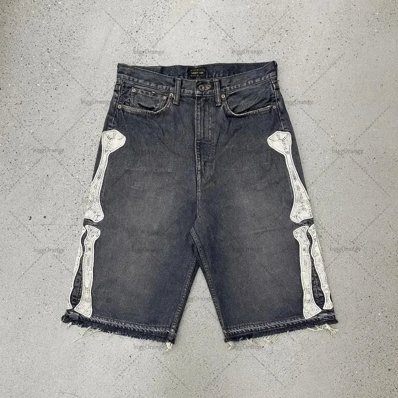 Mens American Street Embroidery High Waist Washed Denim Shorts