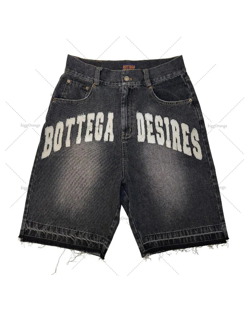 Mens American Street Embroidery High Waist Washed Denim Shorts