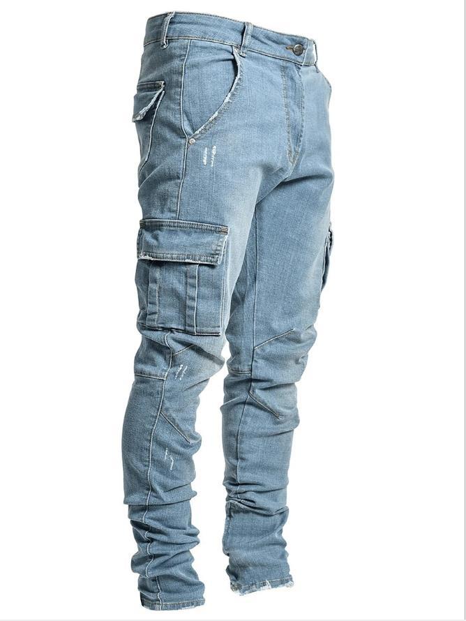 Men Wash Solid Color Mid Waist Cargo Jeans