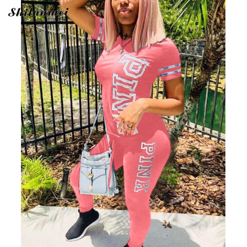 Womens Two Piece Pink Letter Print Sport suit