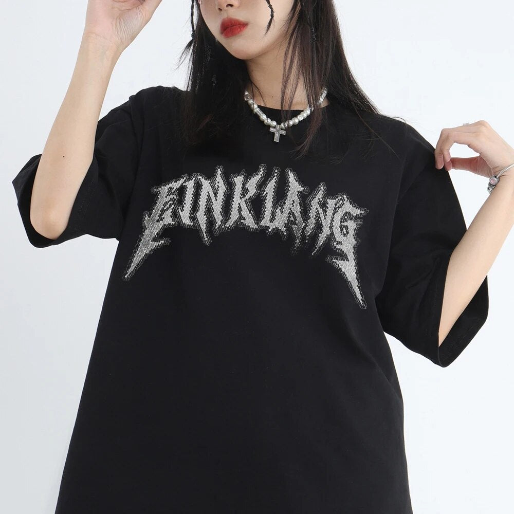 Mens FINKIANG Harajuku Y2K Gothic Aesthetic Letter Print Graphic Short Sleeve T Shirt